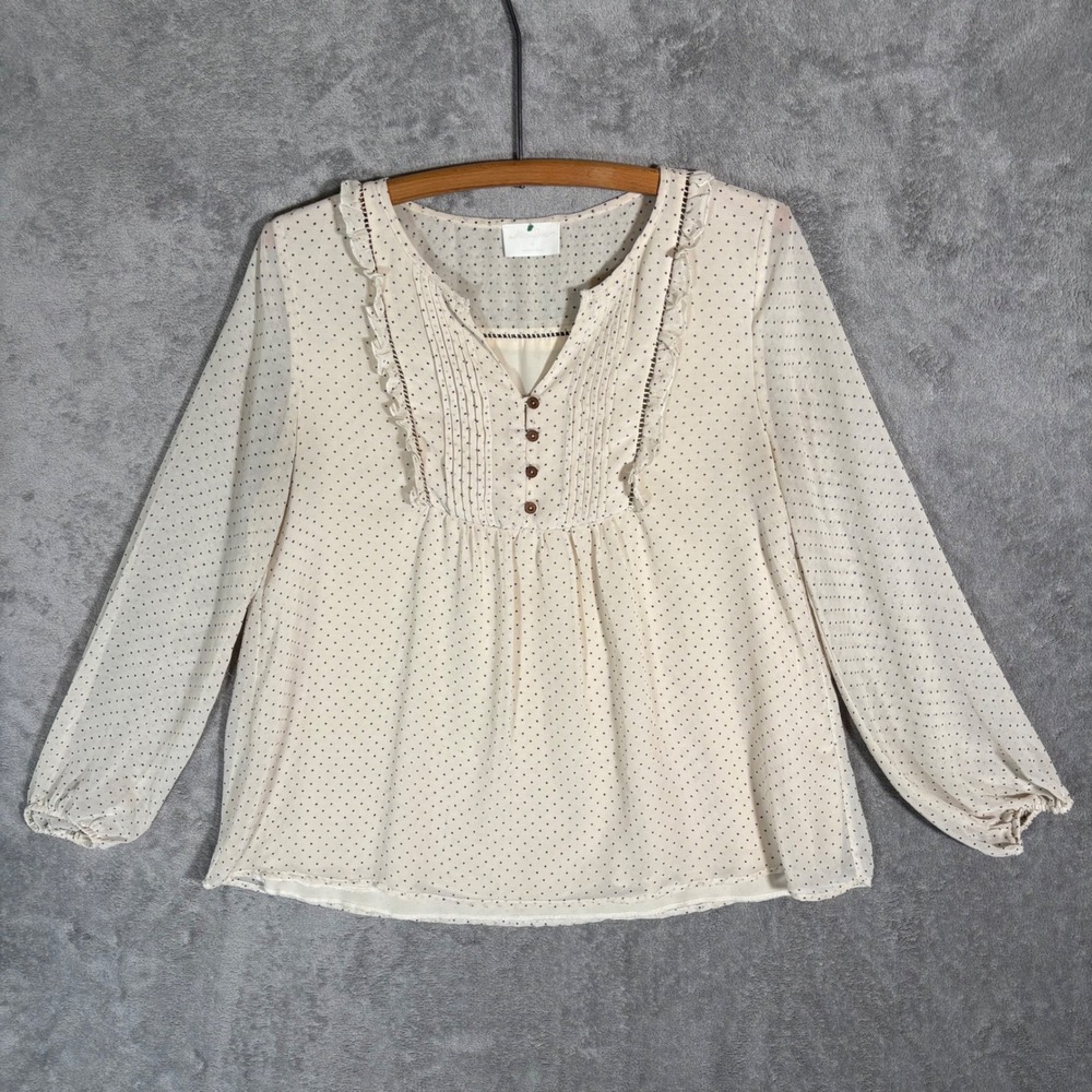 Allie Rose Cream Polka Dot Ruffle V-Neck Pintuck Blouse Medium Victorian Cottage